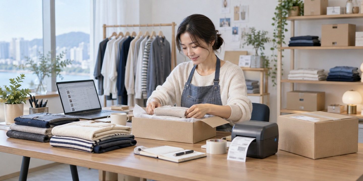 상품 포장 공간에서 노트북으로 업무를 보는 운영자 — PG 카드 수수료 문의문의, 한 줄이면 접수됩니다. 남겨 주시면 항목마다 답을 달아 돌려 드립니다.