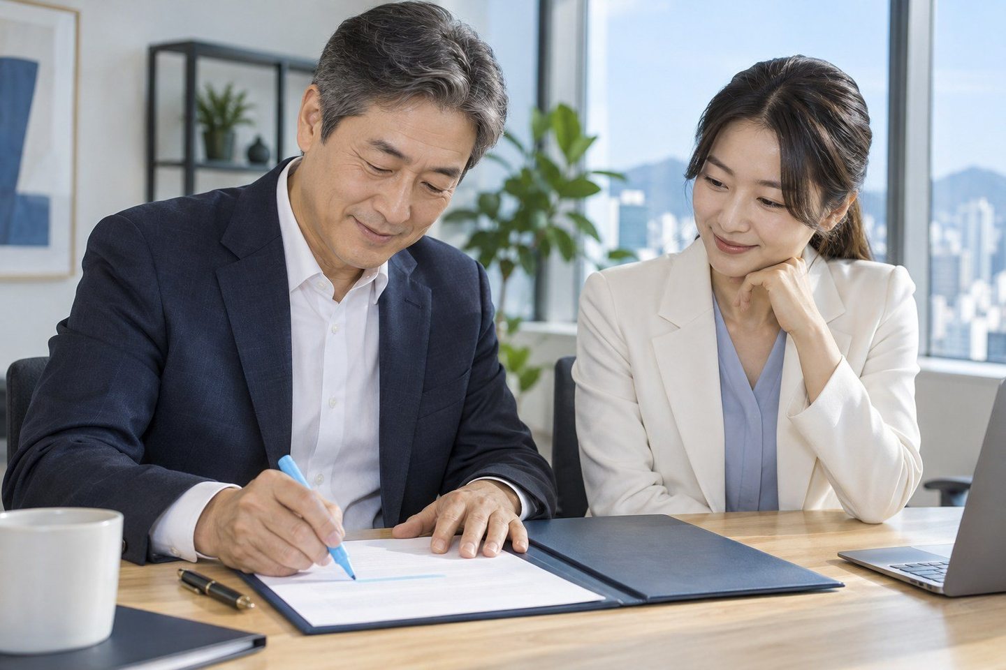 서류에 표시된 내용을 함께 읽는 두 사람 — PG 카드 수수료 개통 절차개통 절차, 하루면 넉넉한 날이 많습니다. 문 여는 날을 알려 주시면 거꾸로 차례를 짜 드립니다.