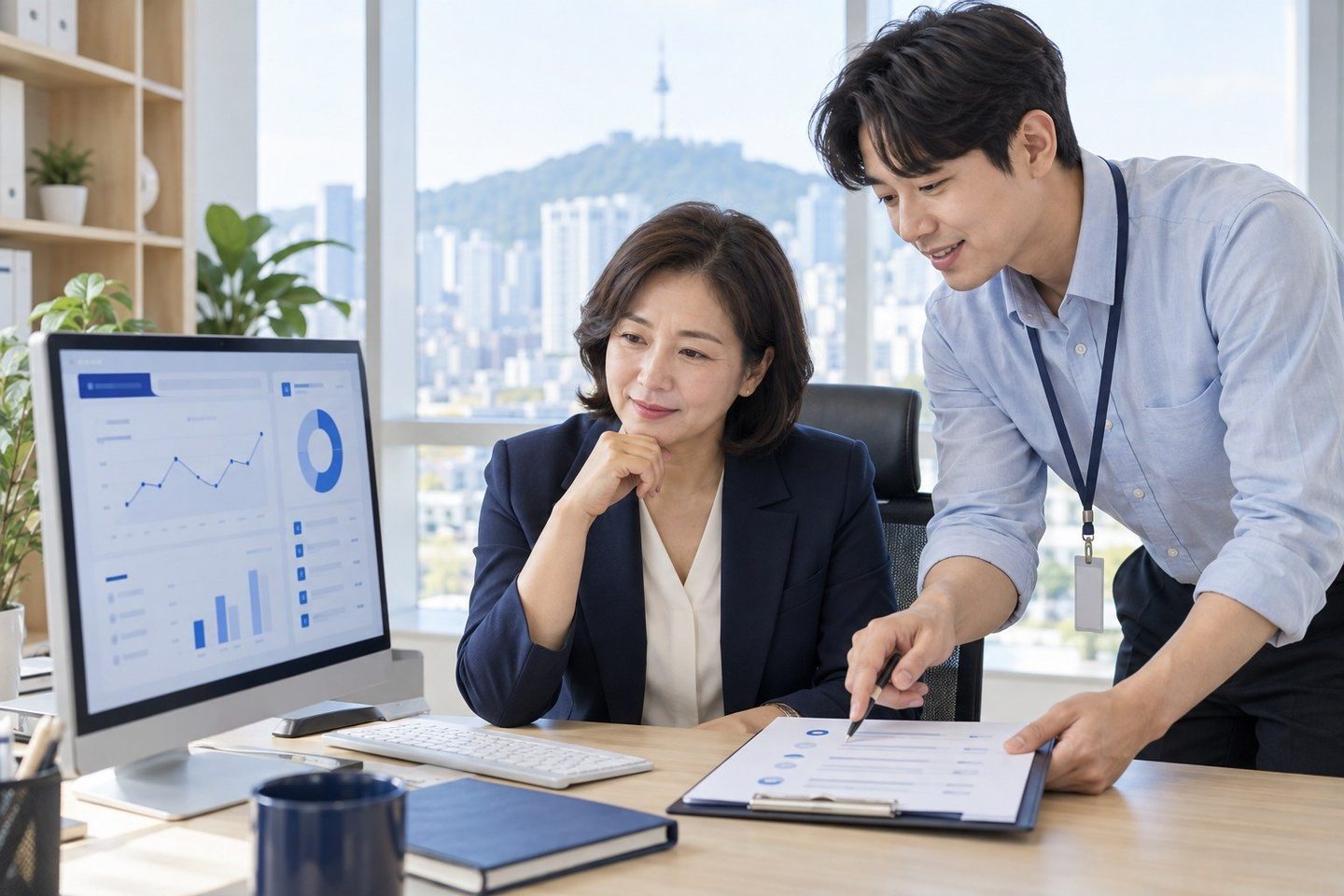 온라인 업무 화면을 함께 확인하는 두 사람 — PG 카드 수수료 무료설치무료설치, 켜서 첫 결제까지 봅니다. 가게 사진 한 장 주시면 놓을 자리부터 정해 드립니다.